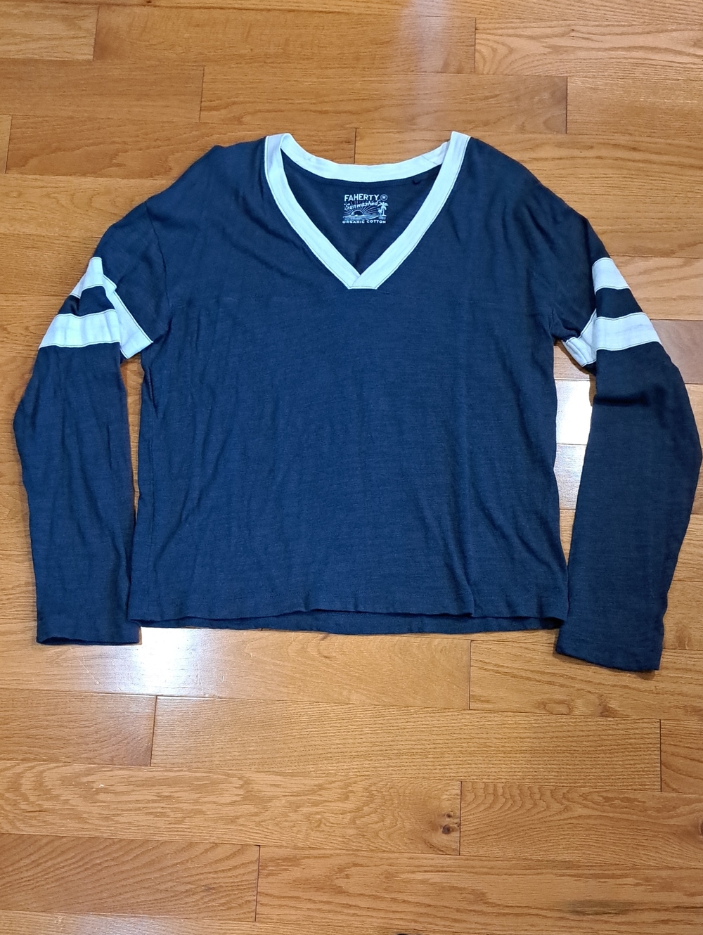 Fahrenheit Sunwashed Organic Cotton Navy V-Neck Varsity Long Sleeve Tee